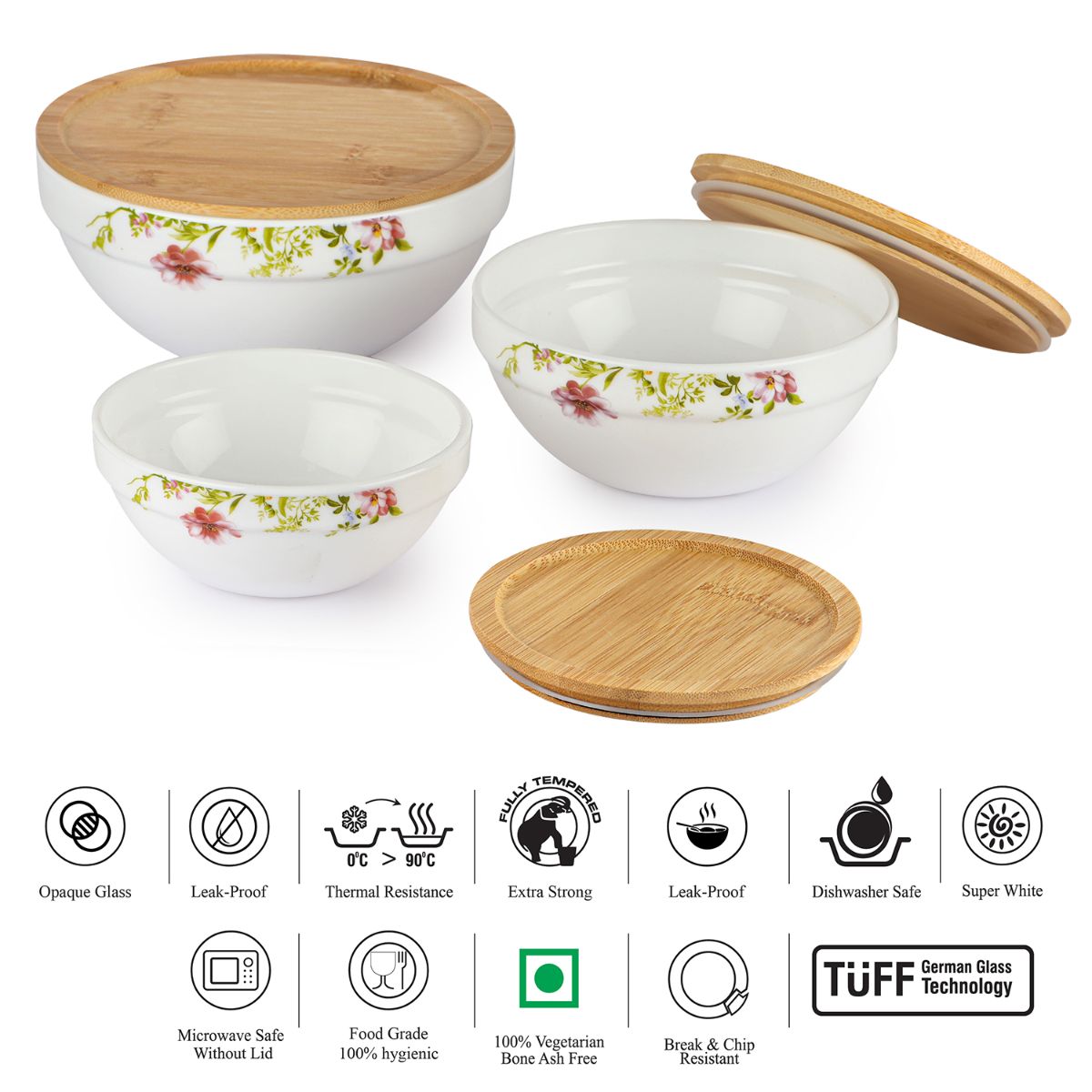 Royale Series Mixing bowls with bamboo lid Gift Set, 3 Pieces Cascade / 3 Pieces