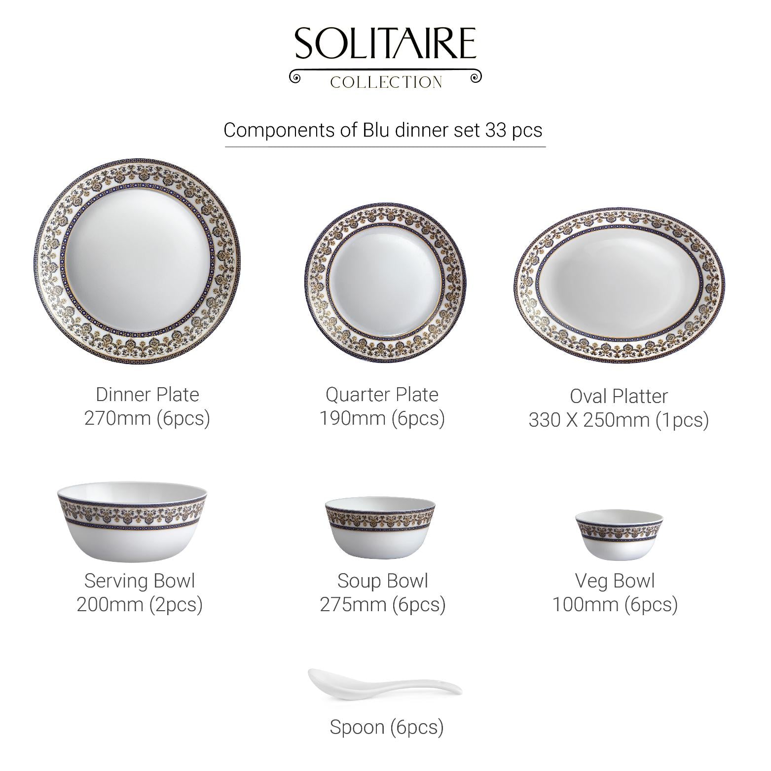 Solitaire 33 pc AB Series Dinner Set Family of 6, Blu 6