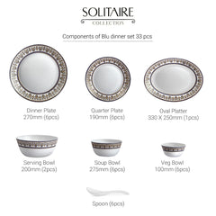 Solitaire 33 pc AB Series Dinner Set Family of 6, Blu 6