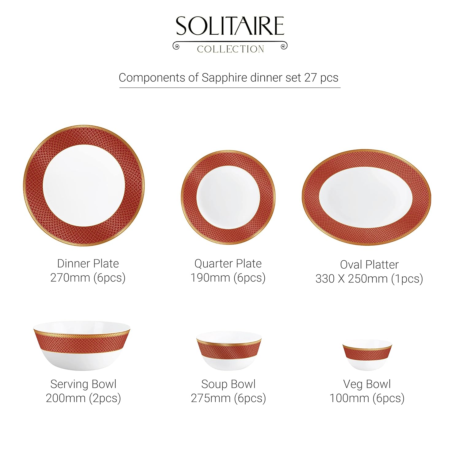 Solitaire Series 27 Pieces Opalware Dinner Set for Family of 6 Ruby