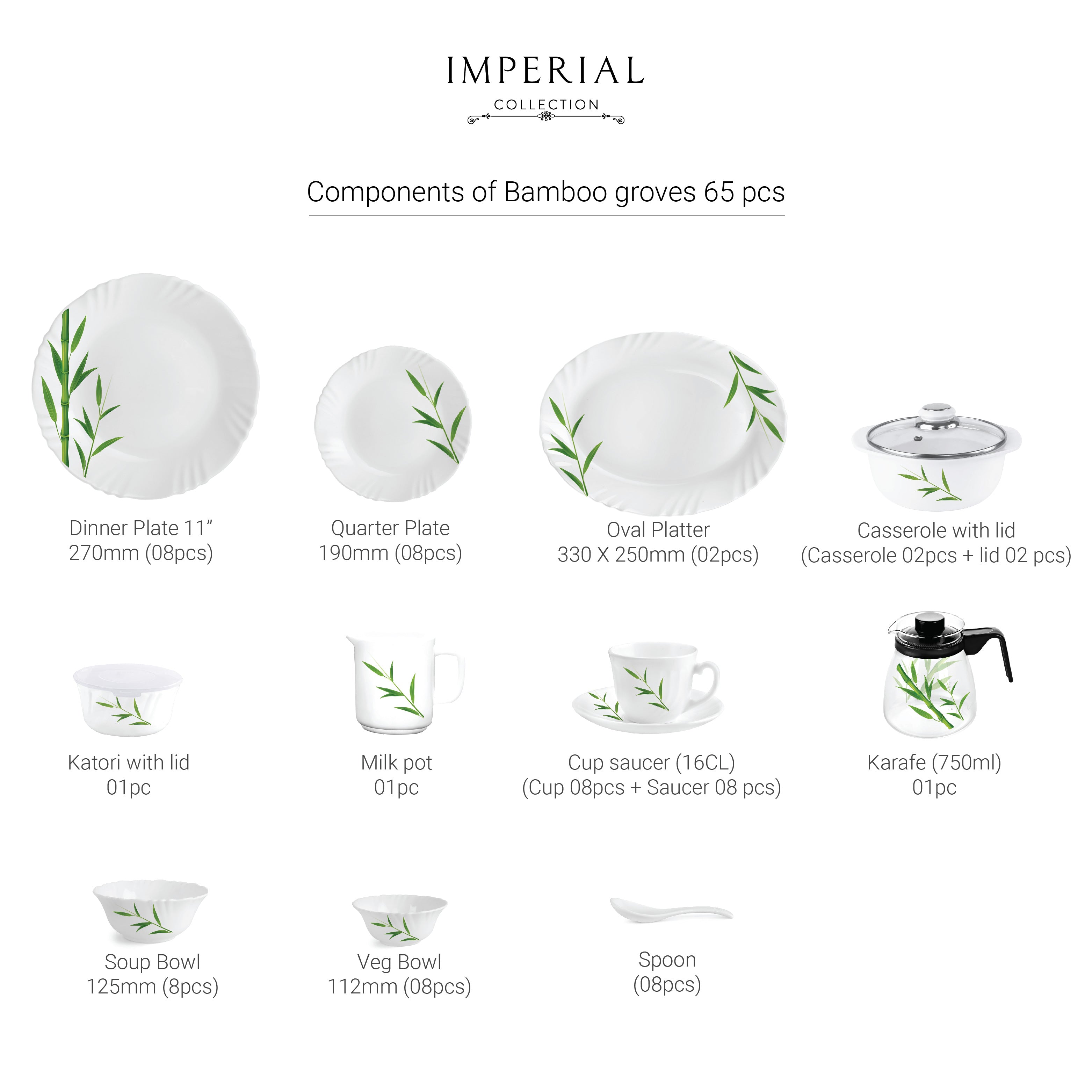 Imperial Series 65 Pieces Opalware Dinner Set for Family of 8 Bamboo Grove