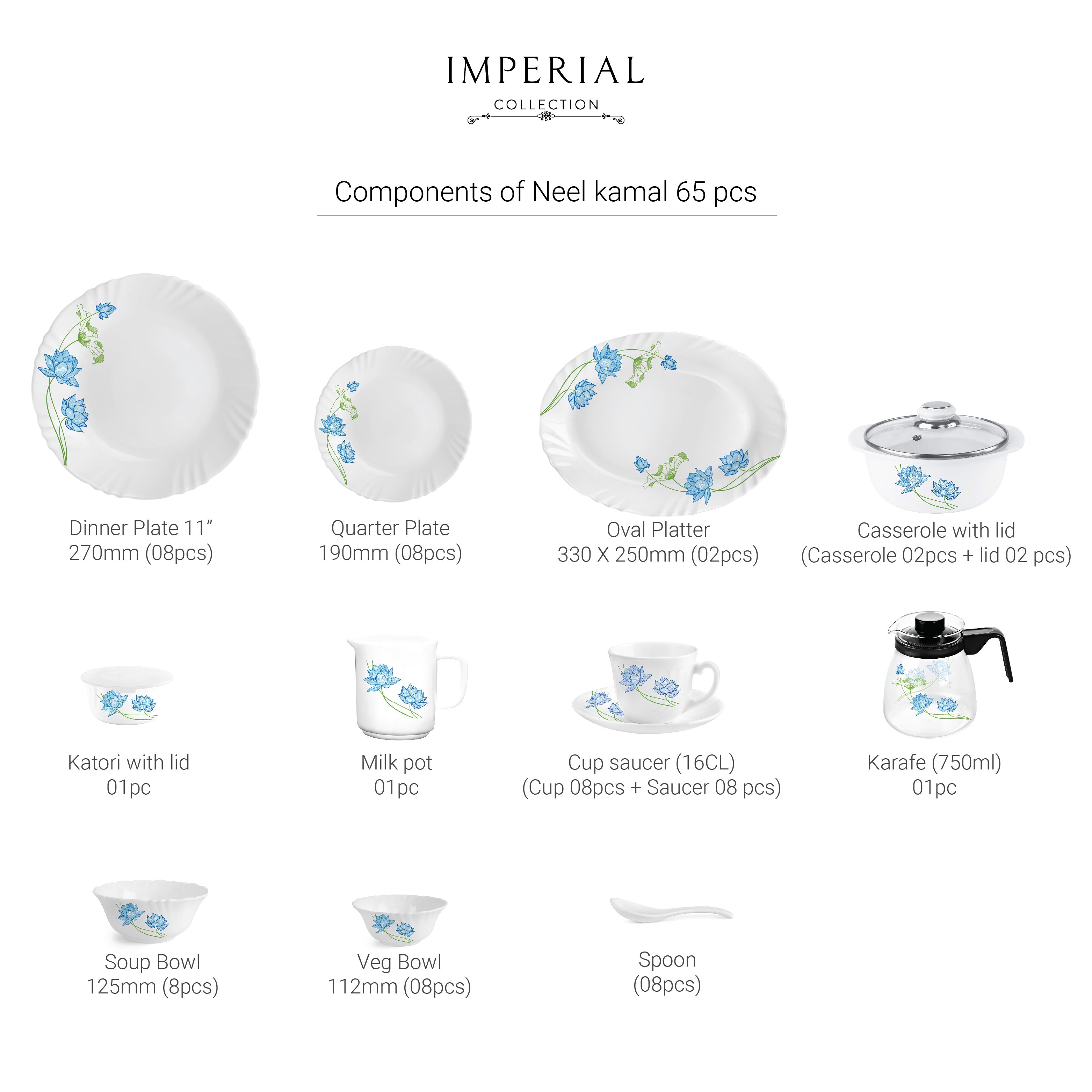 Imperial Series 65 Pieces Opalware Dinner Set for Family of 8 Neelkamal