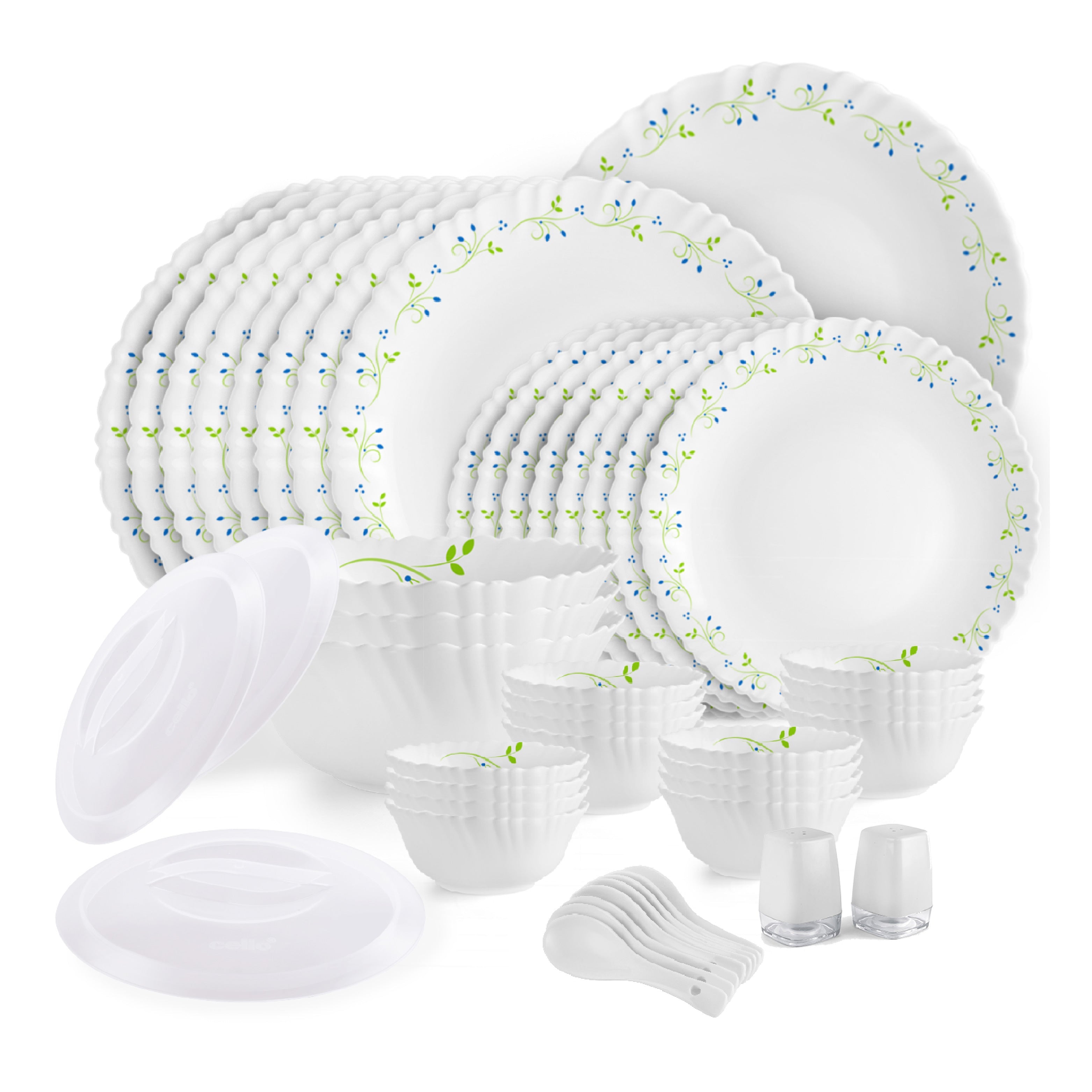 Vibrant 49-piece opalware dinner set, adorned with floral motifs. Includes plates, bowls, and serveware for elegant dining