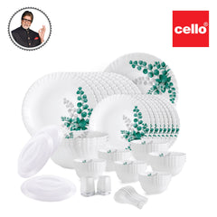 Vibrant 57-piece opalware dinner set, adorned with floral motifs. Includes plates, bowls, and serveware for elegant dining