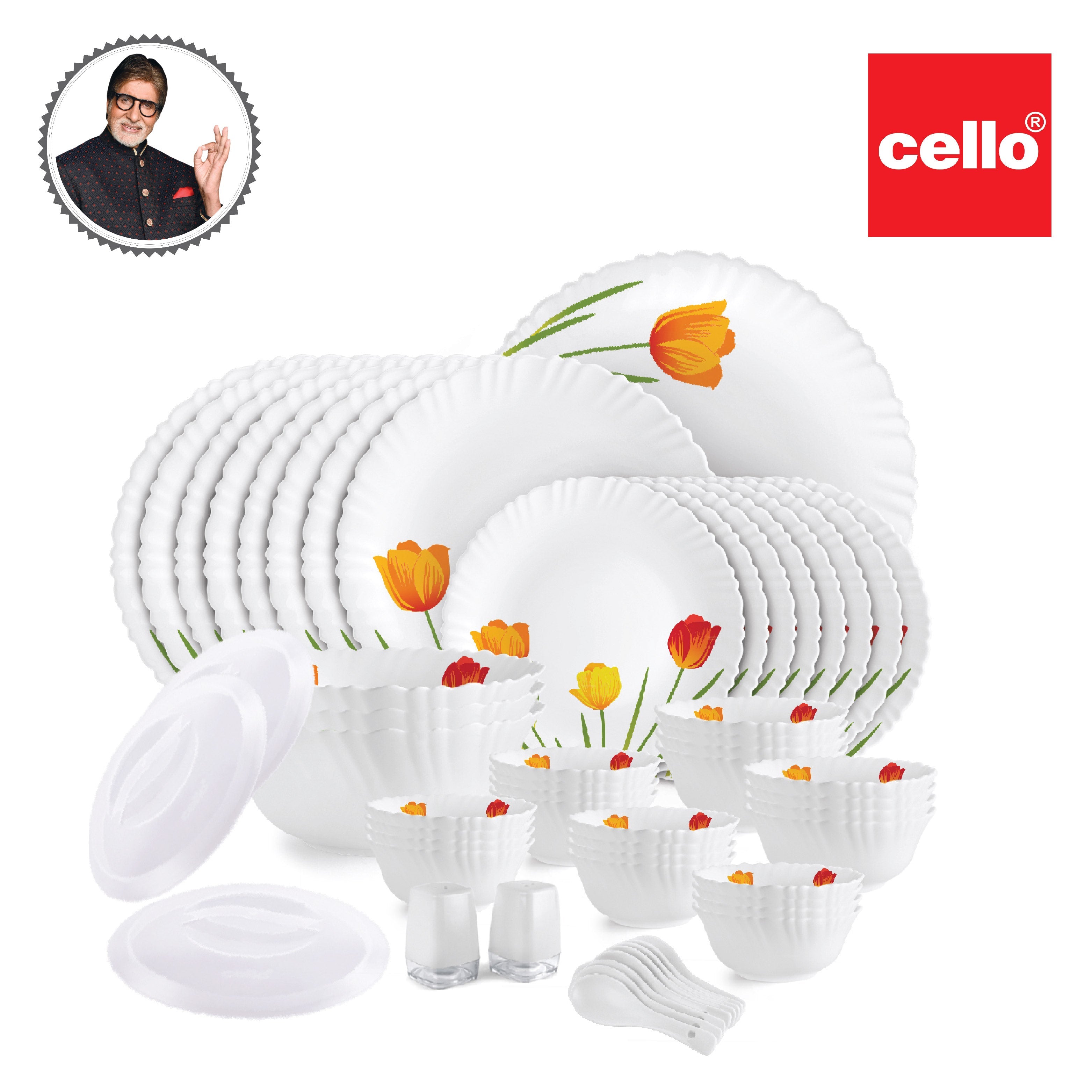 Vibrant 57-piece opalware dinner set, adorned with floral motifs. Includes plates, bowls, and serveware for elegant dining