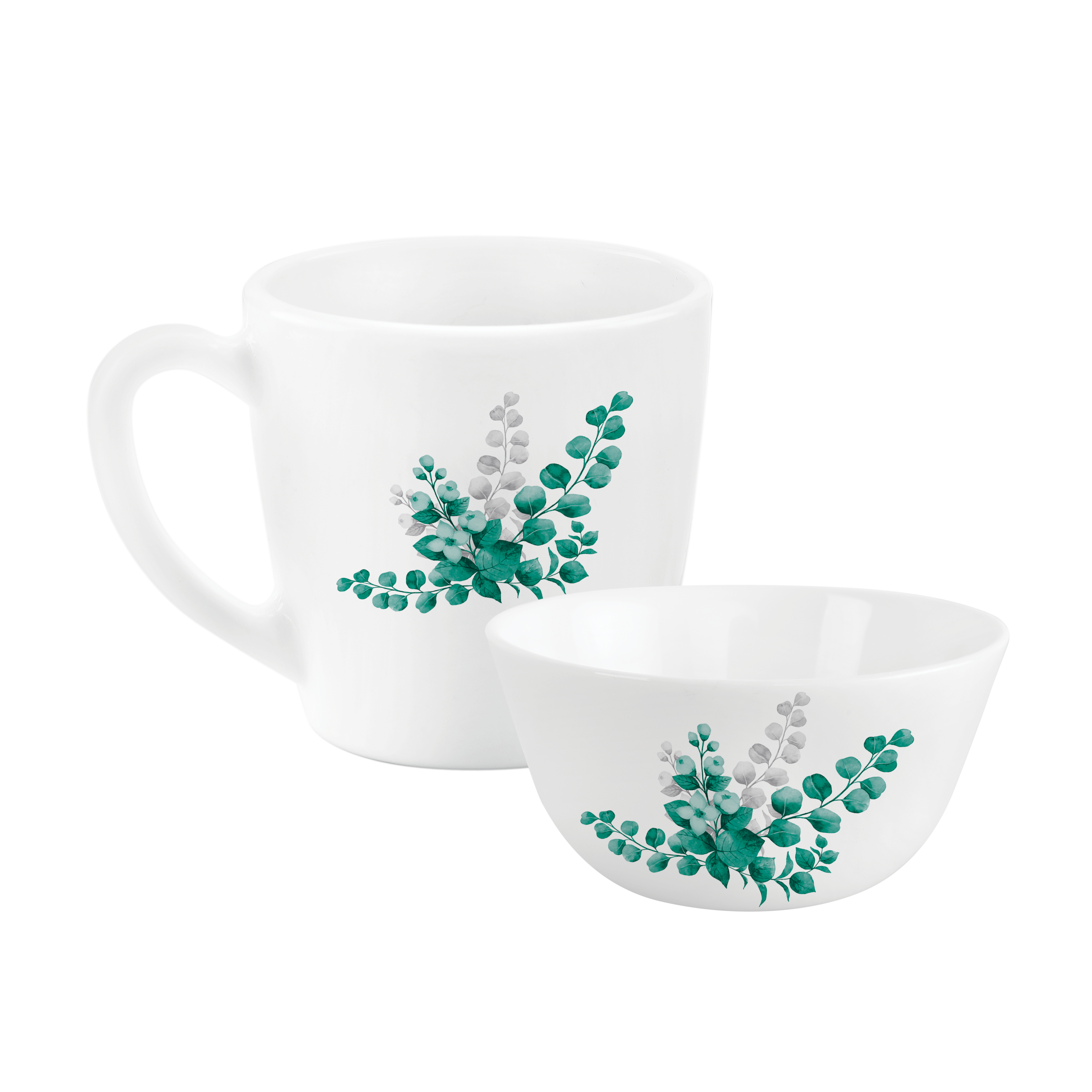 Imperial Series Breakfast Bowl & Mug Gift set, 4 Pieces Aqua Leaves / 4 Pieces
