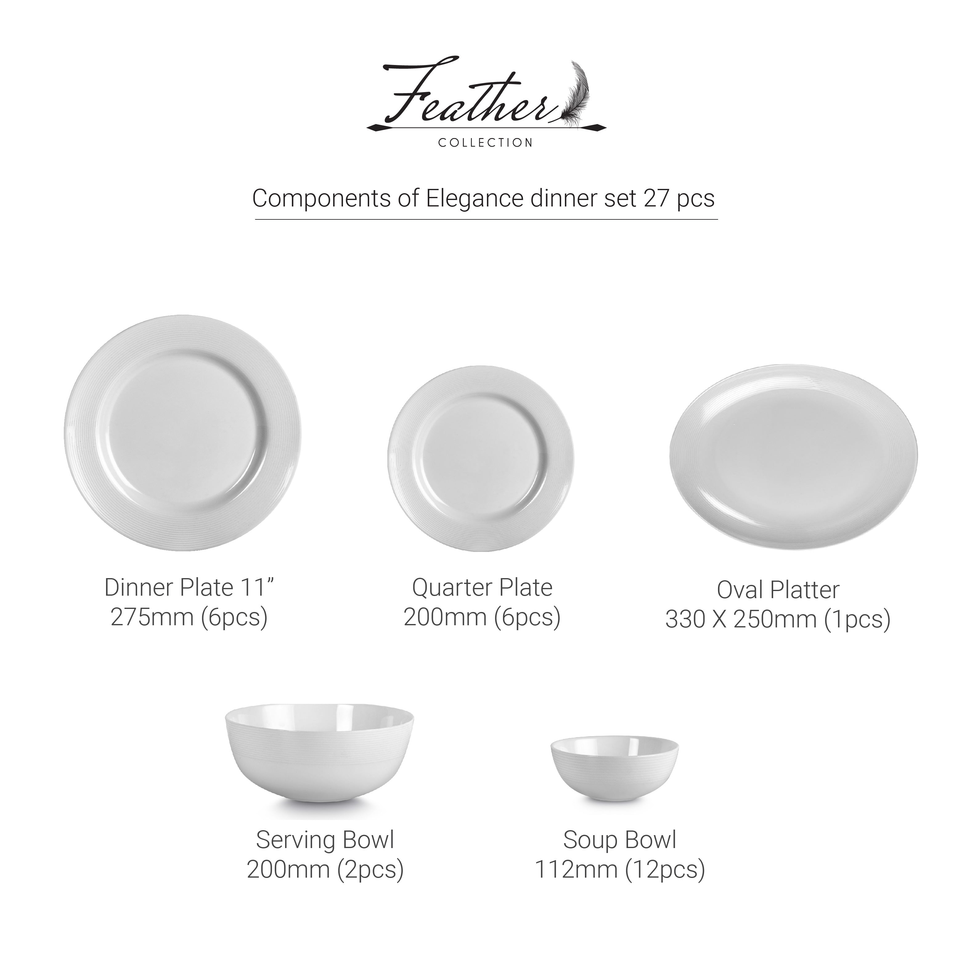 Feather Series 27 Pieces Opalware Dinner Set for Family of 6