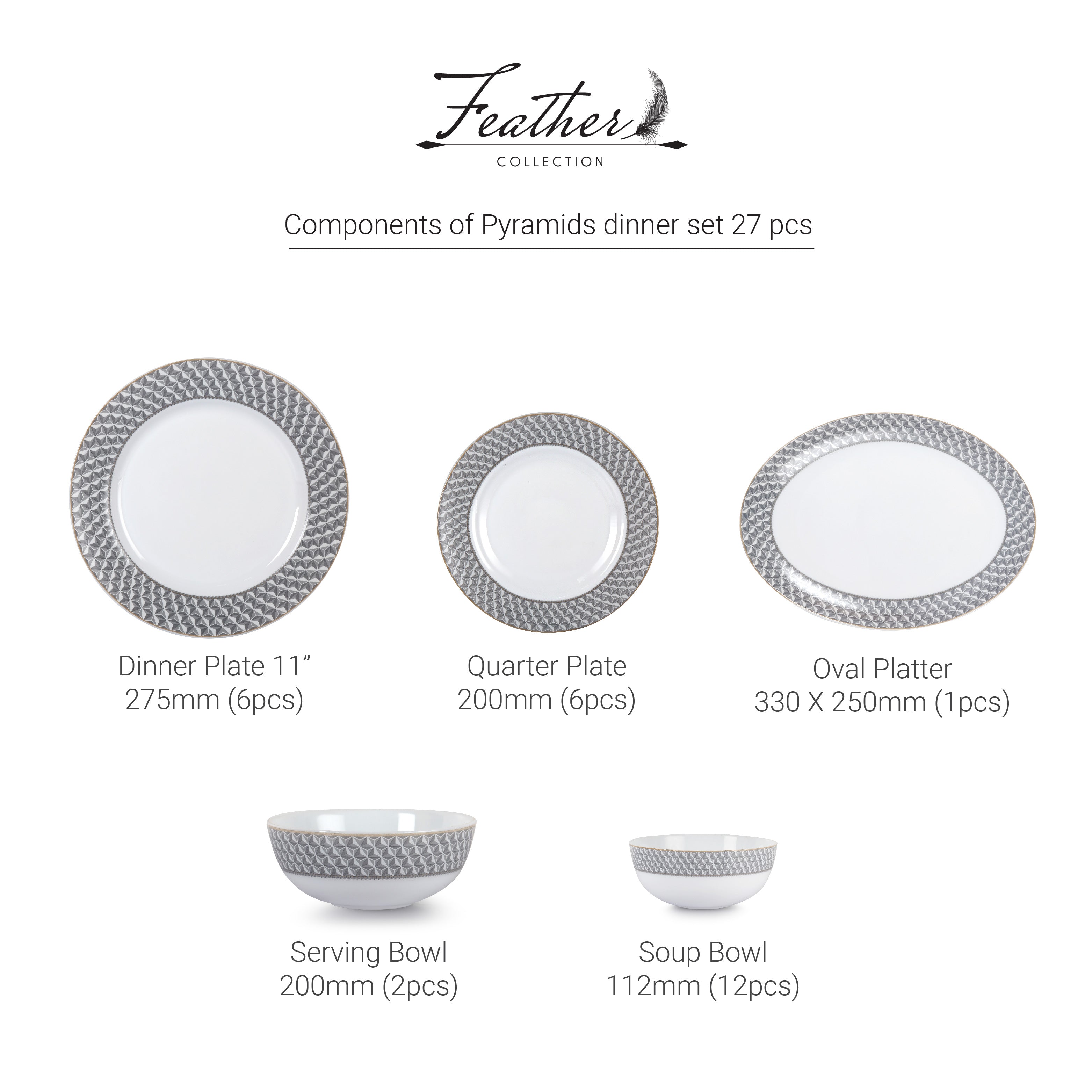 Feather Series 27 Pieces Opalware Dinner Set for Family of 6 Pyramids